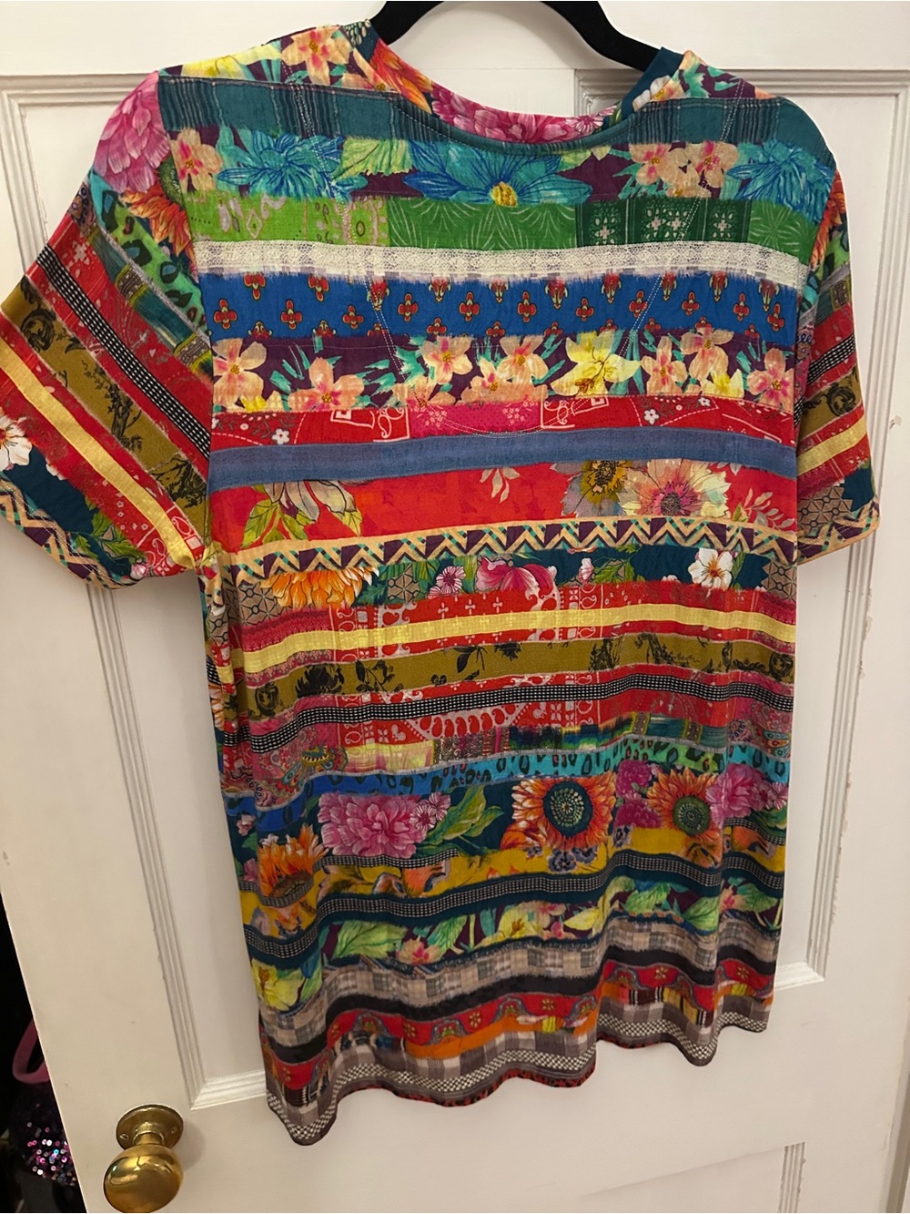 Johnny Was Multicolor Floral Stripe V-Neck Tee - Picture 5 of 5